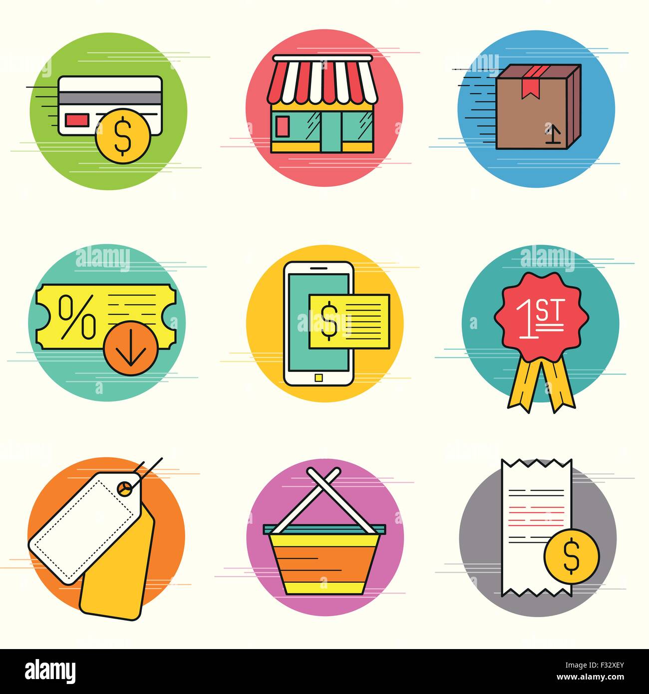 Shopping und Einzelhandel-Icon-Set. Eine Sammlung von Commerce Icons unter anderem einen Shop, Transaktionen und Lieferung. Vektor-Illustration. Stock Vektor