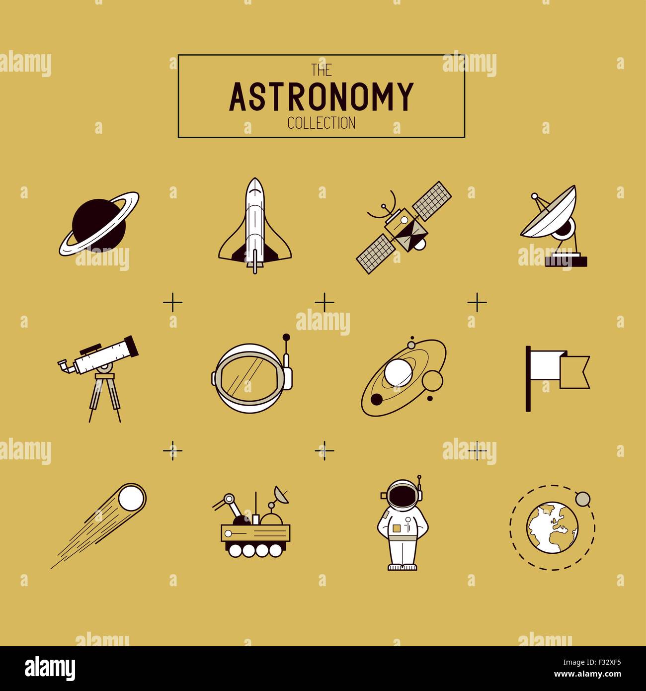 Astronomie-Gold Vektor-Icon-Set. Eine Auflistung der Raum unter dem Motto Linie Symbole wie Planeten, Rakete, Raumfahrer und Solaranlage. Stock Vektor