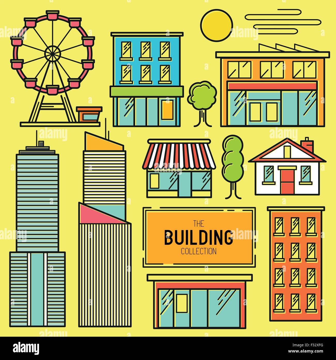 Urban Bau Vektor Icon Set. Eine Ansammlung von Gebäuden, darunter ein Riesenrad, Haus, Wolkenkratzer und Shop-Geschäfte. Stock Vektor