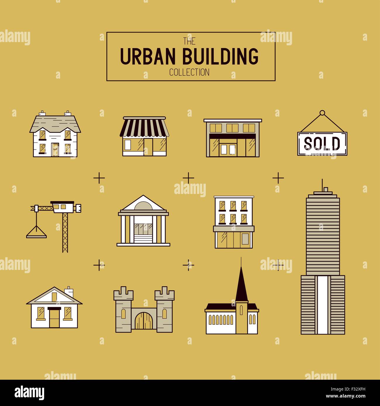 Urban Bau gold Vektor Icon Set. Eine Ansammlung von Gebäuden, darunter eine Kirche, Haus, Wolkenkratzer und Shop-Geschäfte. Stock Vektor
