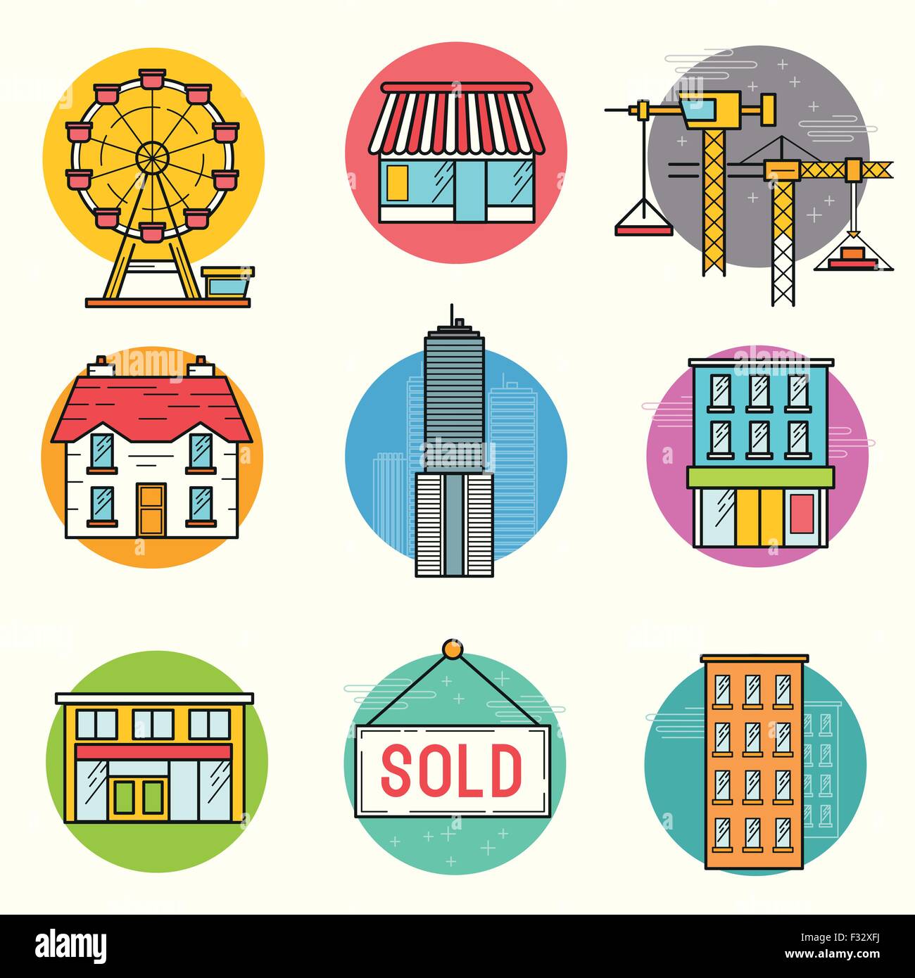 Urban Bau Vektor Icon Set. Eine Ansammlung von Gebäuden, darunter ein Riesenrad, Haus, Wolkenkratzer und Shop-Geschäfte. Geschichtet Stock Vektor