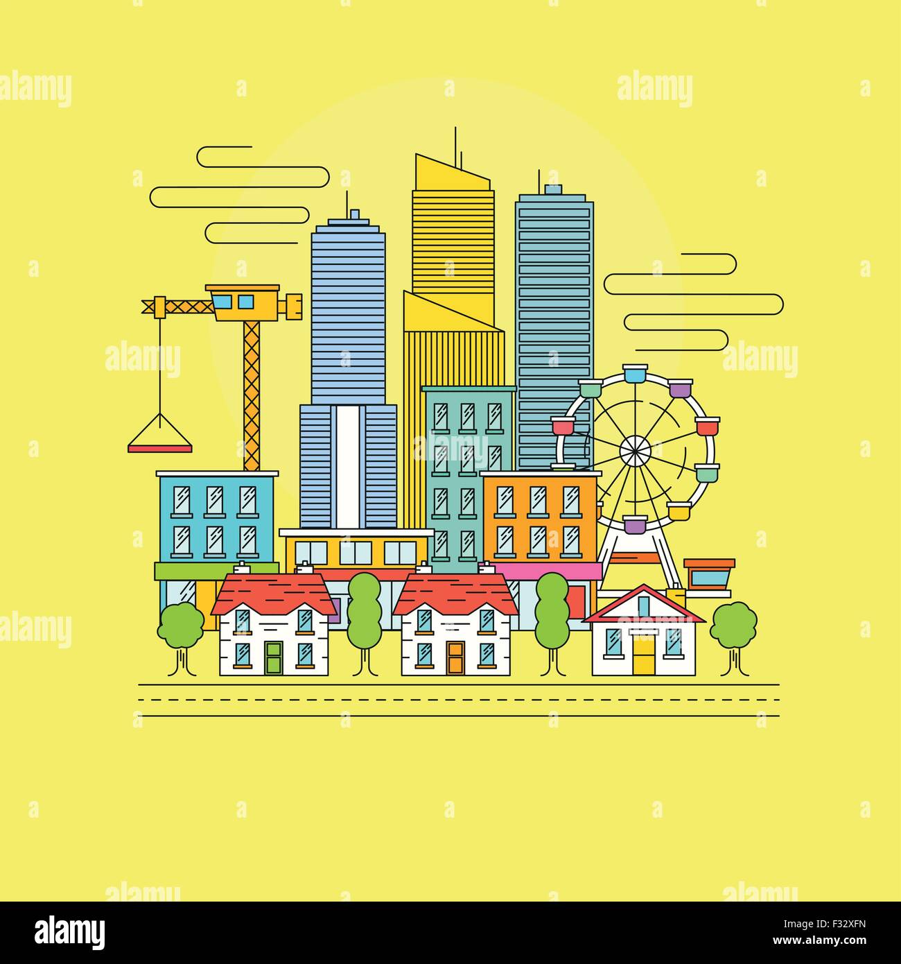 Vektor Stadtbild. Eine geschäftige Stadt-Szene mit Wolkenkratzern, Einzelhandelsgeschäfte und Stadthäuser. Vektor-illustration Stock Vektor