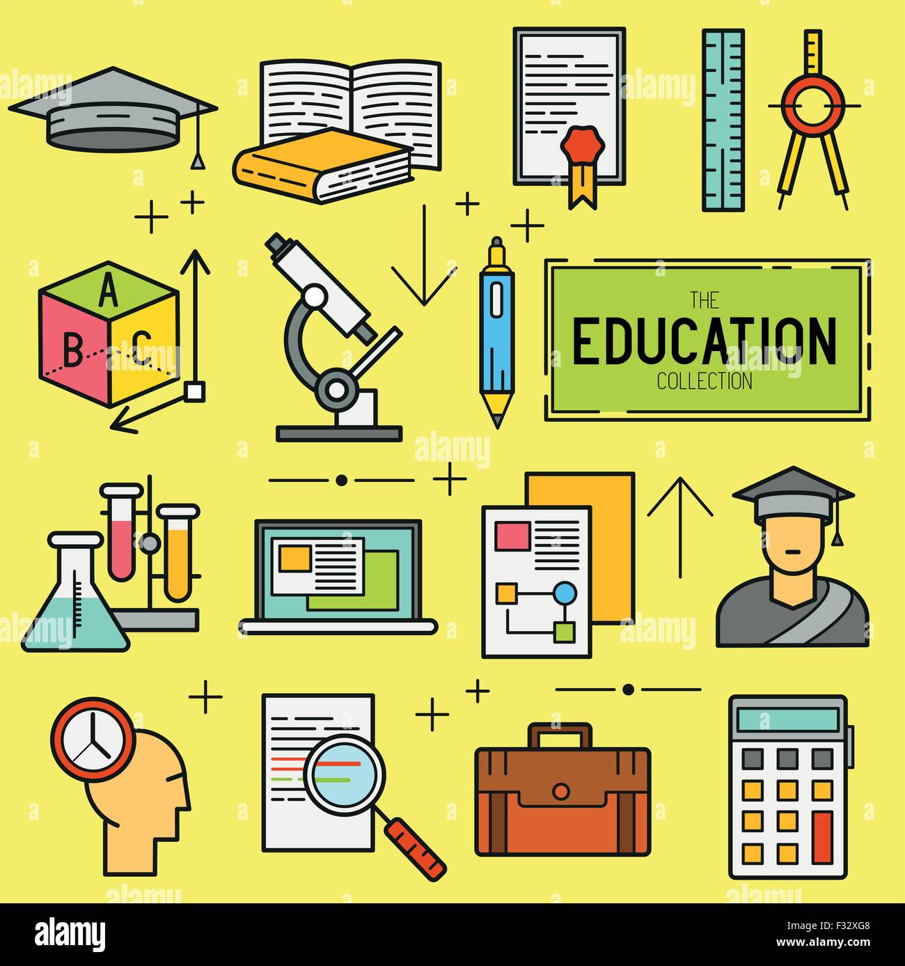 Bildung-Vektor-Icon-Set. eine Sammlung von Studien- und Symbole wie Gegenstände und Werkzeuge. Vektor-Illustration. Stock Vektor