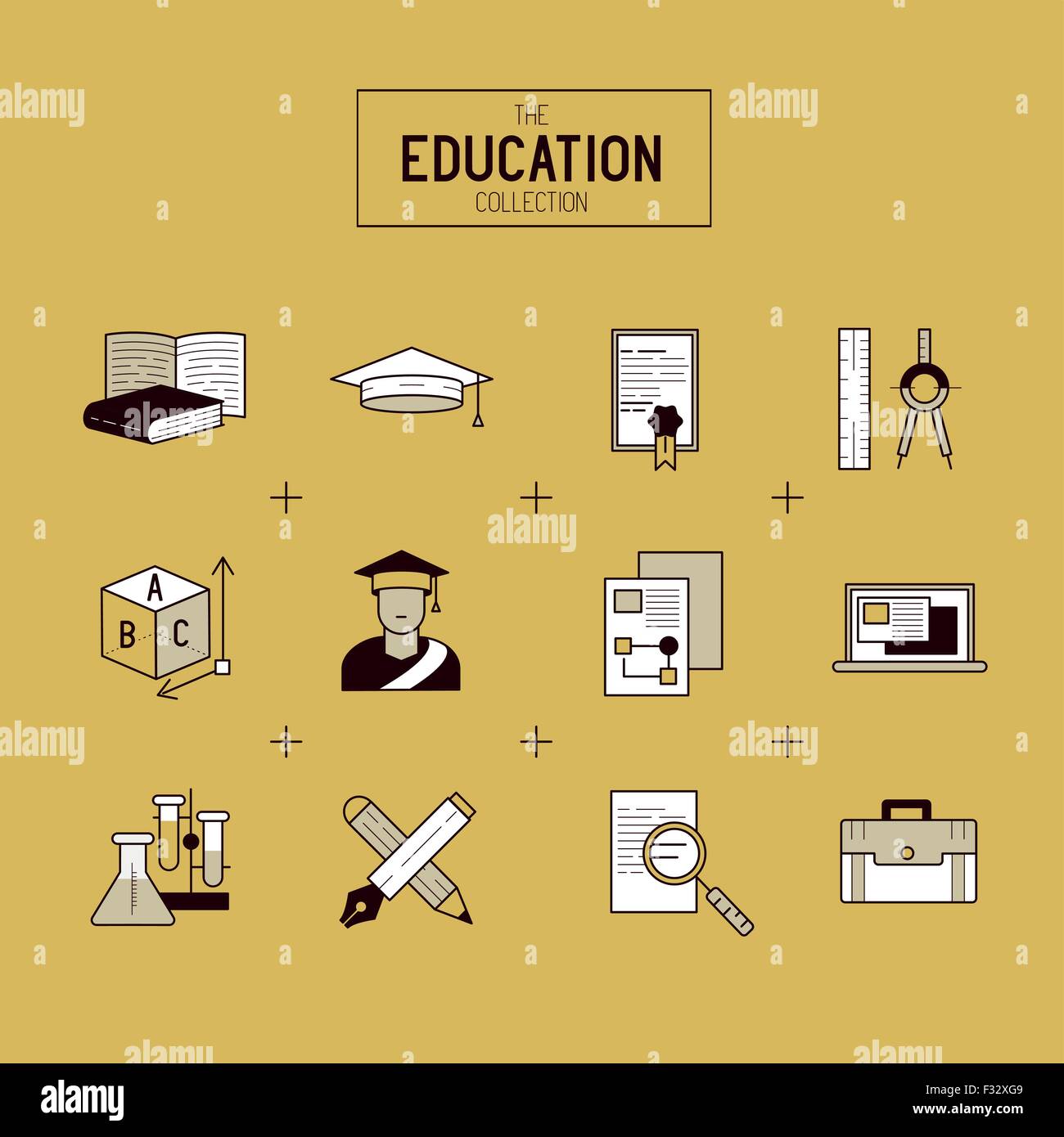 Bildung-Vektor-Icon-Set. eine Sammlung von gold Studien- und Symbole, einschließlich Gegenstände und Werkzeuge. Vektor-Illustration. Stock Vektor