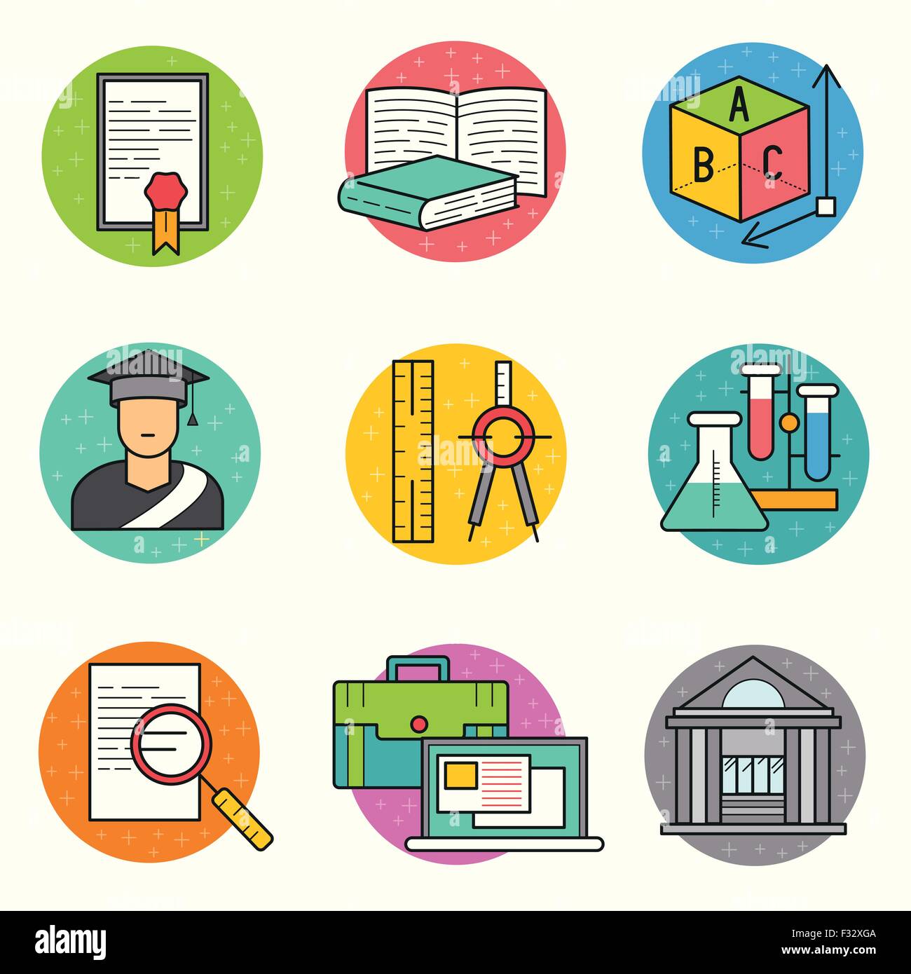 Bildung-Vektor-Icon-Set. eine Sammlung von Studien- und Symbole wie Gegenstände und Werkzeuge. Vektor-Illustration. Stock Vektor