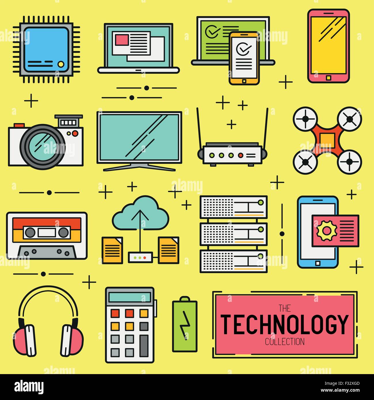 Technologie-Vektor-Icon-Set. Eine Sammlung von moderner Technologie Elemente wie eine CPU, Drohne, TV und mobile Geräte. Vektor Stock Vektor