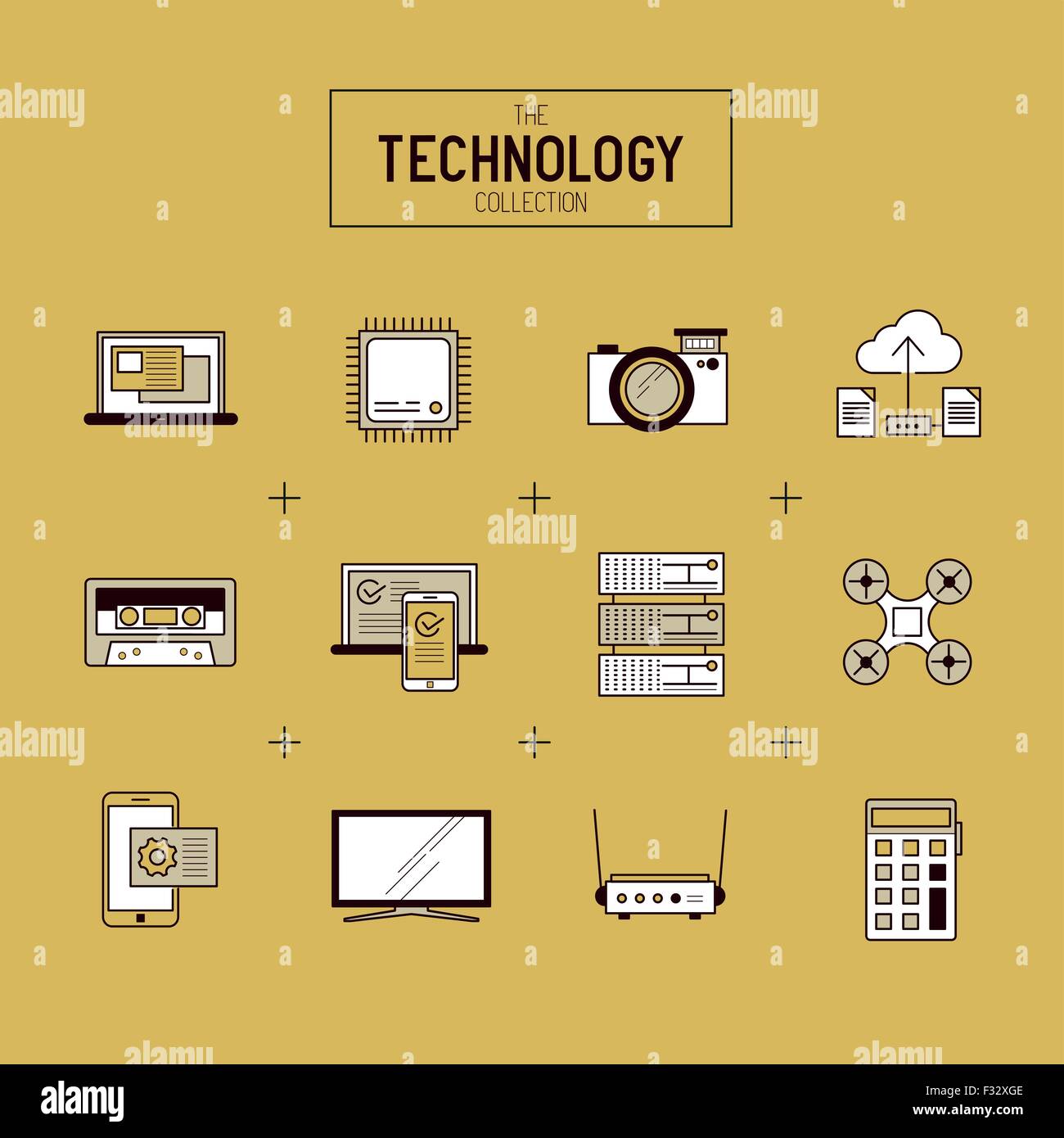 Technologie-Vektor-Icon-Set. Eine Sammlung von gold moderner Technologie Elemente wie eine CPU, Drohne, TV und mobile Geräte. Stock Vektor
