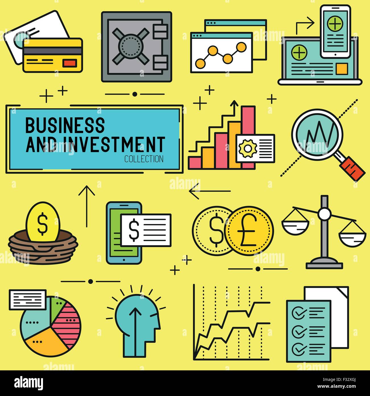 Wirtschaft und Investition Vektor.  Eine Sammlung von geschäftlichen und finanziellen Themen Linie Symbole, einschließlich Diagramme, finanzielle Elemente Stock Vektor