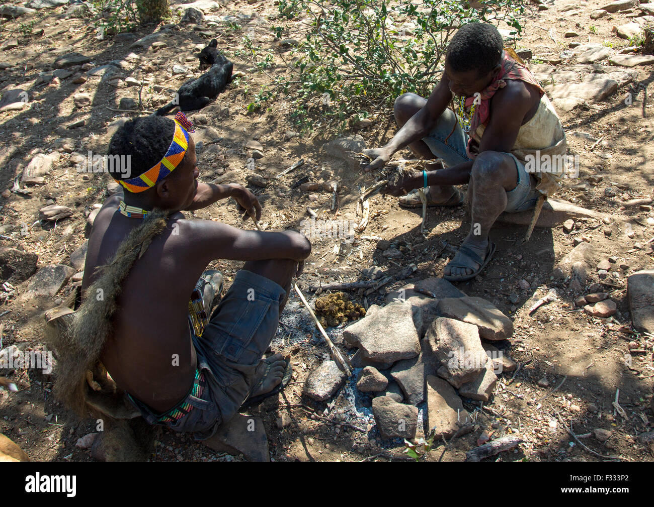 Tansania, Serengeti Plateau, Lake Eyasi, Hadzabe Stammes Männer machen Feuer mit tierischen Dungs Stockfoto