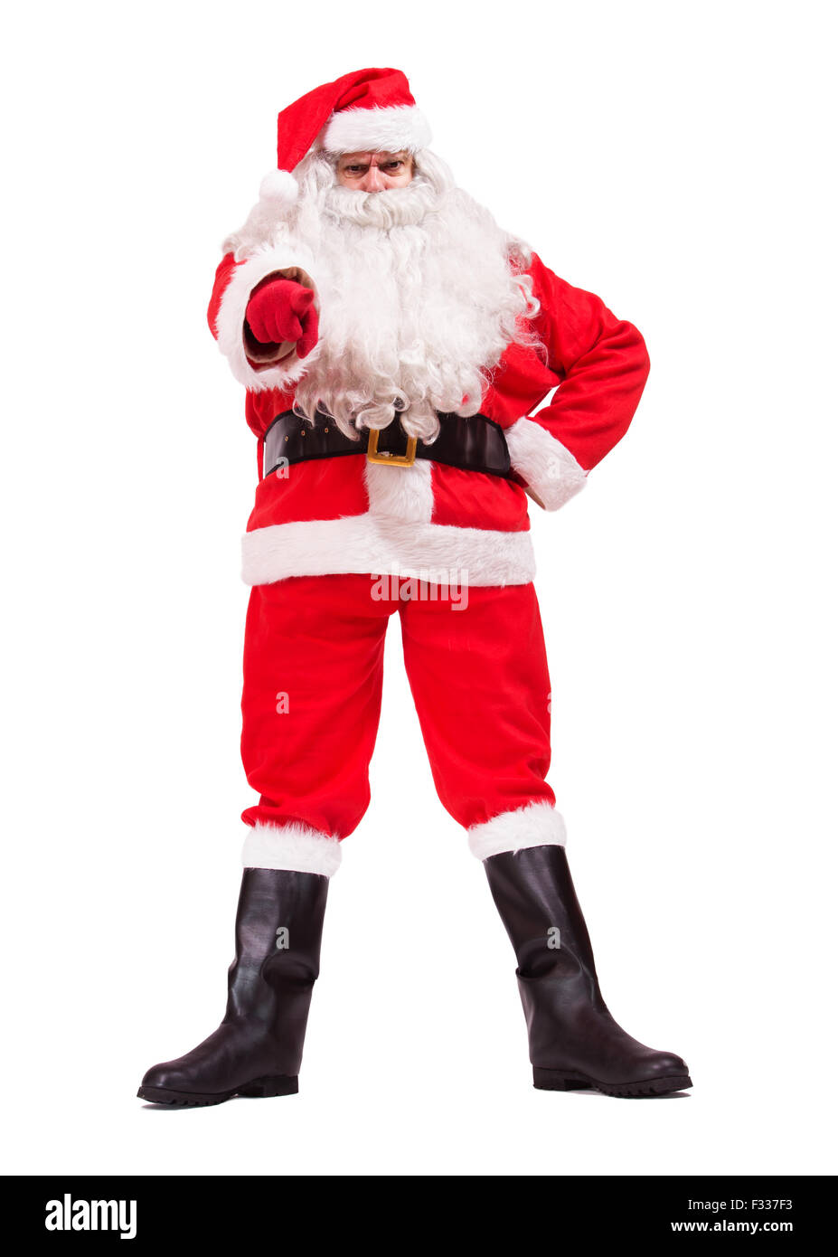 Santa Claus mit seinem Finger weiter isoliert auf weißem Hintergrund Stockfoto