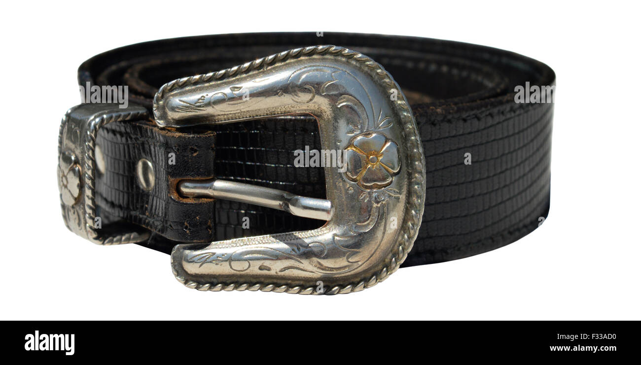 Schwarzer Cowboy-Ledergürtel mit Silberschnalle floral Stockfoto