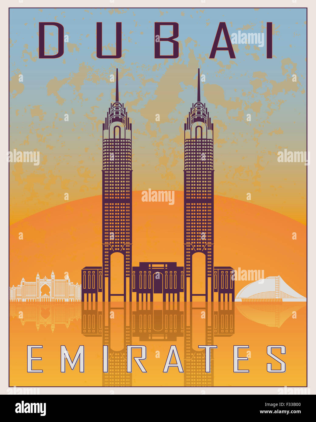 Dubai Vintage Poster im orangenen und blauen Hintergrund mit weißen Skyiline in bearbeitbare Vektordatei Stockfoto