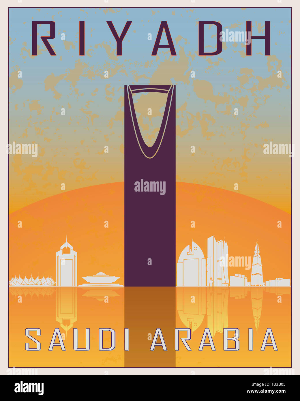 Riad Vintage Poster im orangenen und blauen Hintergrund mit weißen Skyiline in bearbeitbare Vektordatei Stockfoto