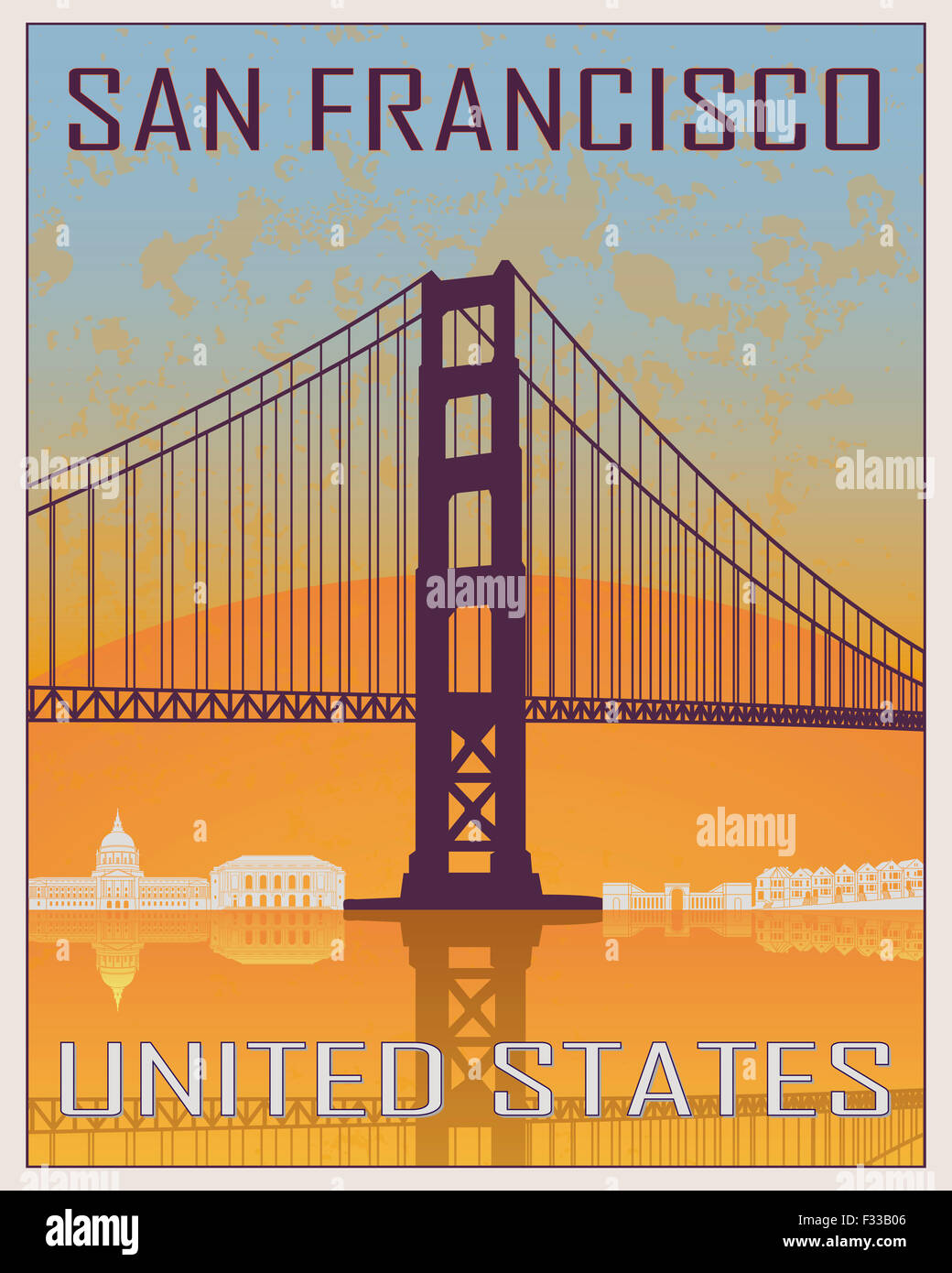 San Francisco Vintage Poster im orangenen und blauen Hintergrund mit weißen Skyiline in bearbeitbare Vektordatei Stockfoto