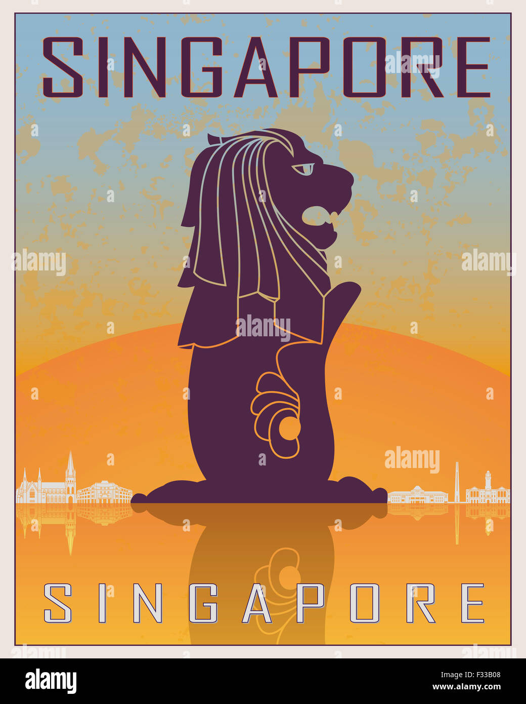 Singapur Vintage Poster im orangenen und blauen Hintergrund mit weißen Skyiline in bearbeitbare Vektordatei Stockfoto