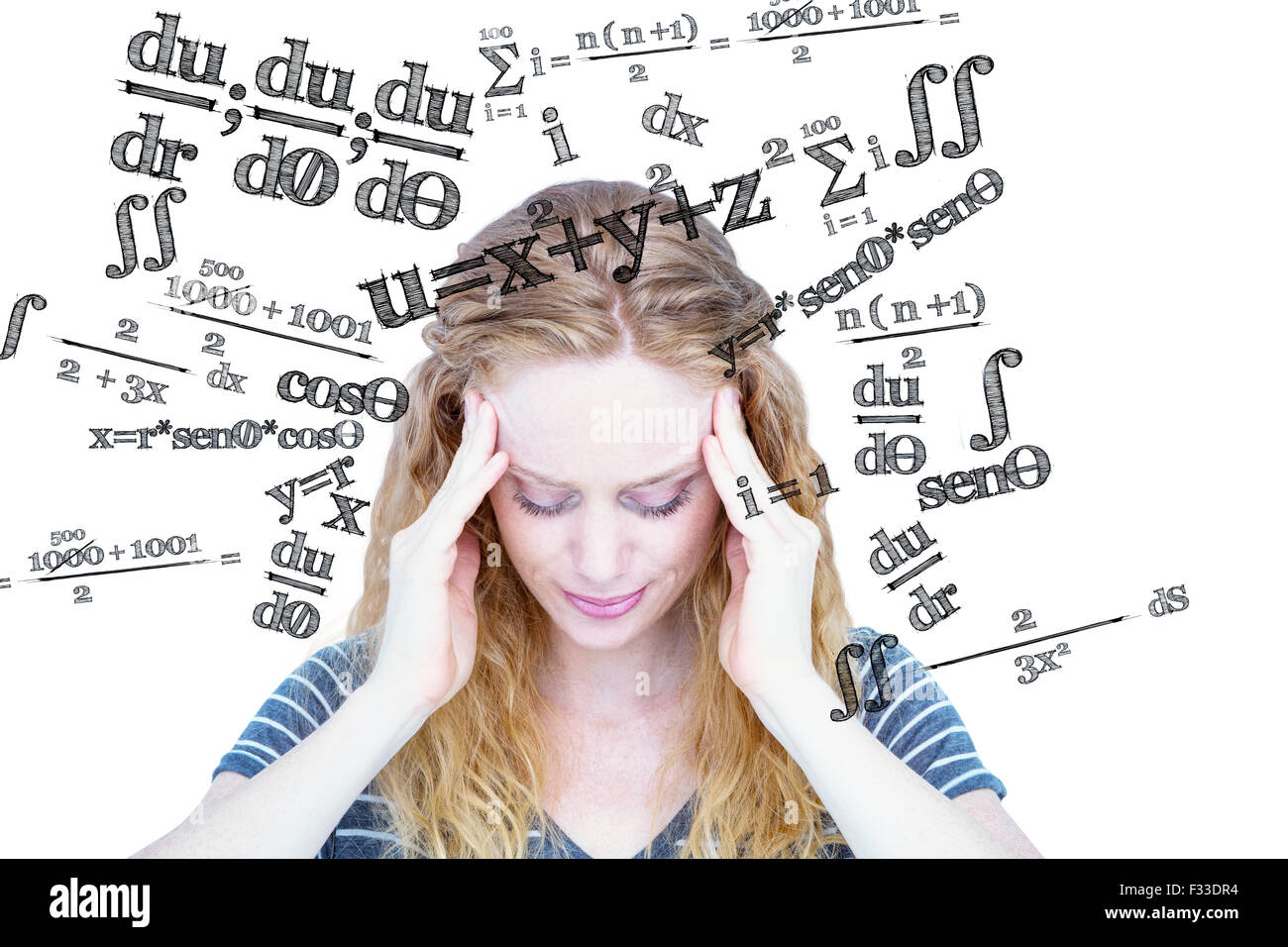 Zusammengesetztes Bild einer blonden Frau mit Kopfschmerzen Stockfoto