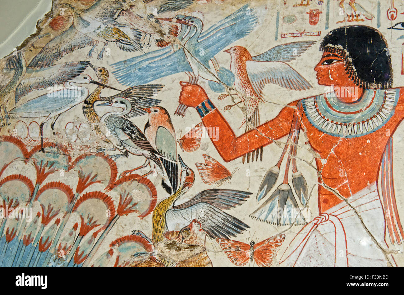 Detail der Wandmalerei von der Grab-Kapelle des Nebanum, Theben, Ägypten spät 18. Dynastie, um 1350 v. Chr. Nebamun Jagd auf Vögel zeigt Stockfoto