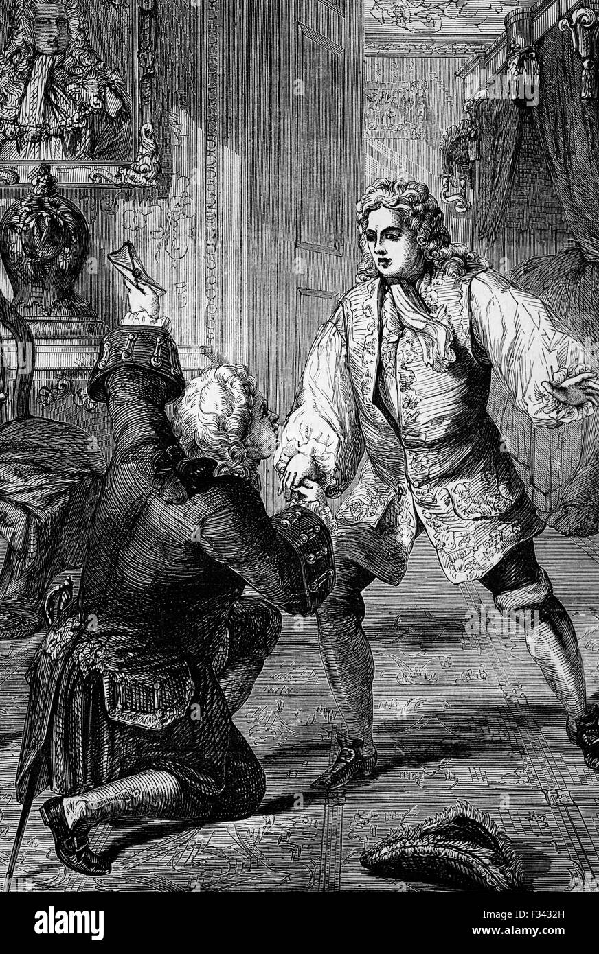 Prince George (König George II) erhält neues aus von Sir Horace Walpole, britischer Premierminister, der dem Tod seines Vaters im Juni 1727 während eines George I Besuche nach Hannover. Georg II. war der letzte britische Monarch außerhalb Großbritanniens, geboren und aufgewachsen in Norddeutschland geboren. Stockfoto