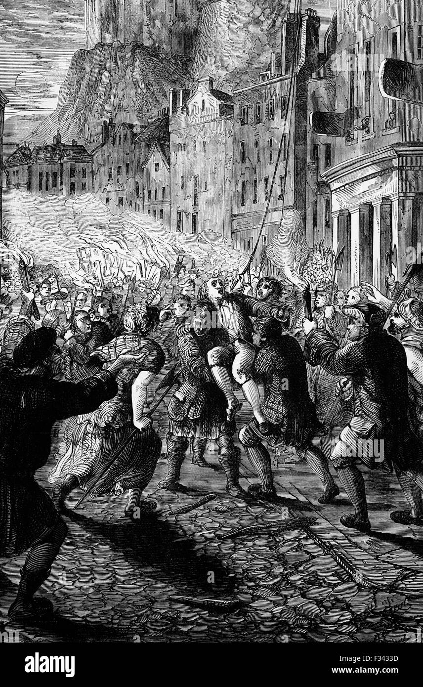 John Porteus, Kapitän der Stadt Guard of Edinburgh, zu Ausschreitungen Todesfolge 6 Randalierer reagiert haben. Wegen Mordes verhaftet und für schuldig befunden, wurde er schließlich aus seiner Zelle gezogen und von der Mob gelyncht, kurz vor Mitternacht am 7. September 1736 sterben. Stockfoto