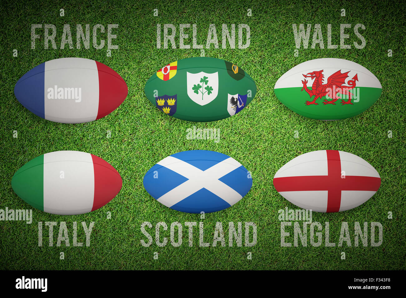 Zusammengesetztes Bild der sechs Nationen Rugbybälle Stockfoto