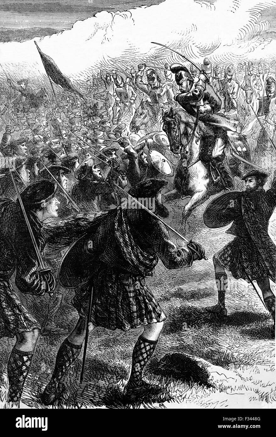 Die Schlacht von Culloden, die finale Konfrontation von 1745 Jacobite steigen. Am 16. April 1746 kämpften die Jacobite Kräfte von Charles Edward Stuart loyalistischen Truppen unter dem Kommando von der Herzog von Cumberland in der Nähe von Inverness in den schottischen Highlands. Die Loyalisten Sieg bei Culloden gestoppt entscheidend die jakobitische Absicht, das Haus Hannover zu stürzen und das Haus Stuart auf den britischen Thron wiederherstellen Stockfoto
