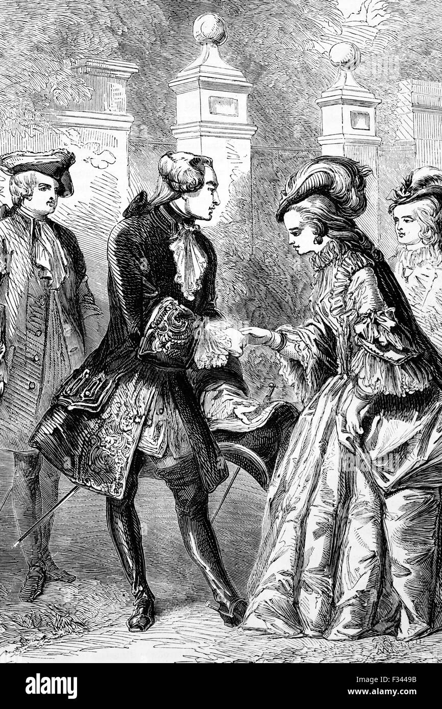 Im August 1761 König George III traf - und zwei Wochen später heiratete Prinzessin Charlotte von Mecklenburg-Strelit. Die siebzehn Jahre alte Prinzessin reizte ihn als einen zukünftigen Gemahl zum Teil, weil sie keine Erfahrungen mit der Machtpolitik oder Partei Intrigen hatte. Er befahl ihr bei ihrer Ankunft in London "nicht einmischen", ein Gebot sie freute sich, zu folgen. Stockfoto