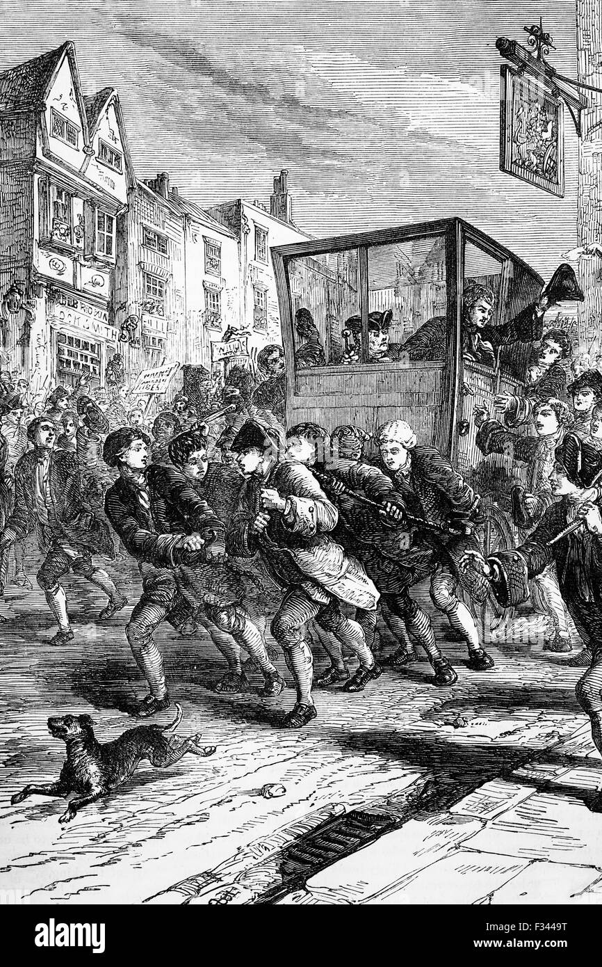 Im Jahre 1768 John Wilkes Stand für Parlament und kam Ende der Umfrage wahrscheinlich aufgrund seiner späten Einstieg ins Rennen um die Position. Er war schnell gewählt MP für Middlesex und kehrte im Triumph nach der London Stockfoto Im Jahre 1768 John Wilkes Stand für Parlament und kam Ende der Umfrage wahrscheinlich aufgrund seiner späten Einstieg ins Rennen um die Position. Er war schnell gewählt MP für Middlesex und kehrte im Triumph nach der London Stockfoto