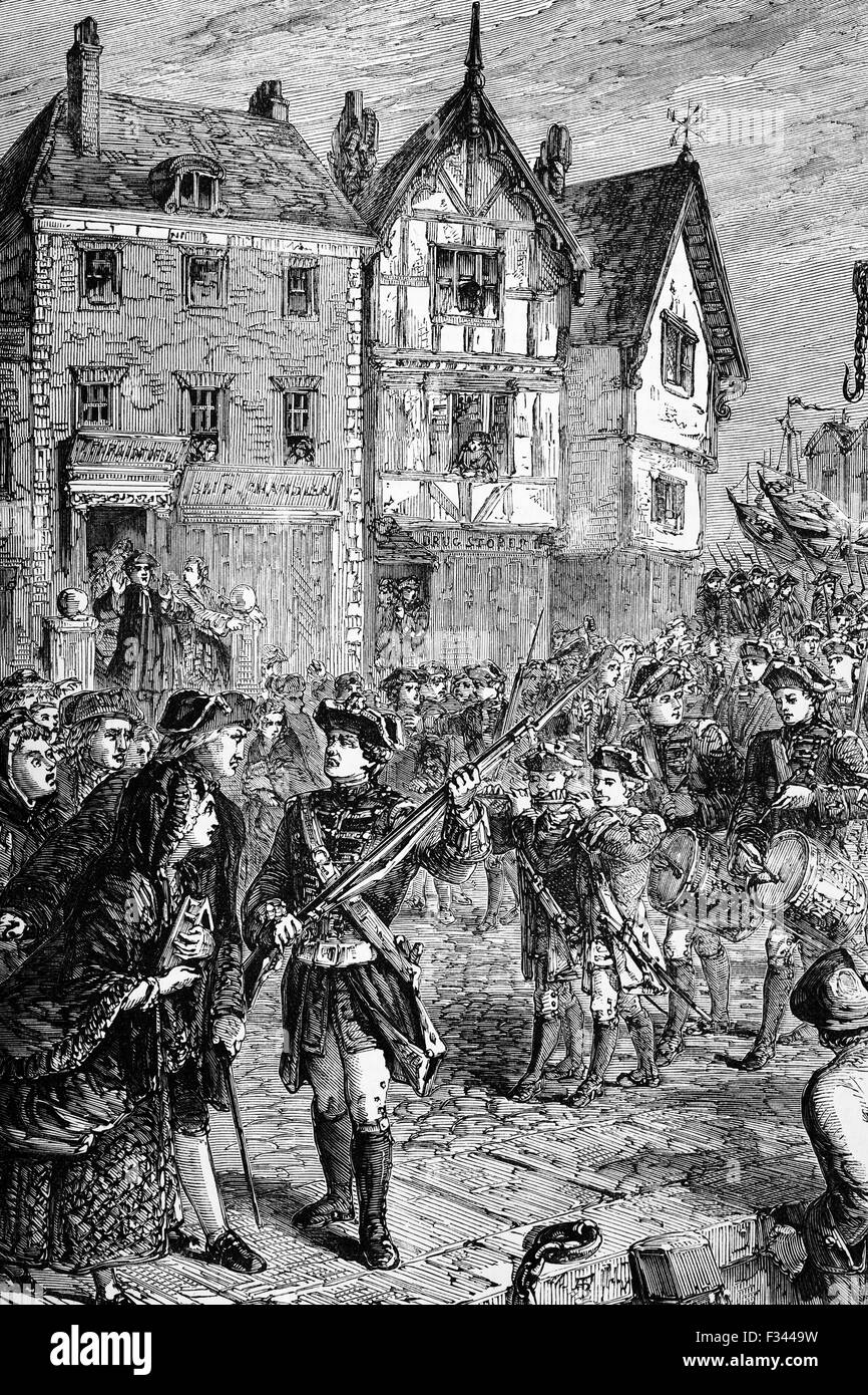 Britische Truppen in Boston im Jahre 1768, um zu schützen und unterstützen Krone ernannt Kolonialbeamten, unpopuläre parlamentarische Gesetzgebung durchzusetzen versuchen. Stockfoto