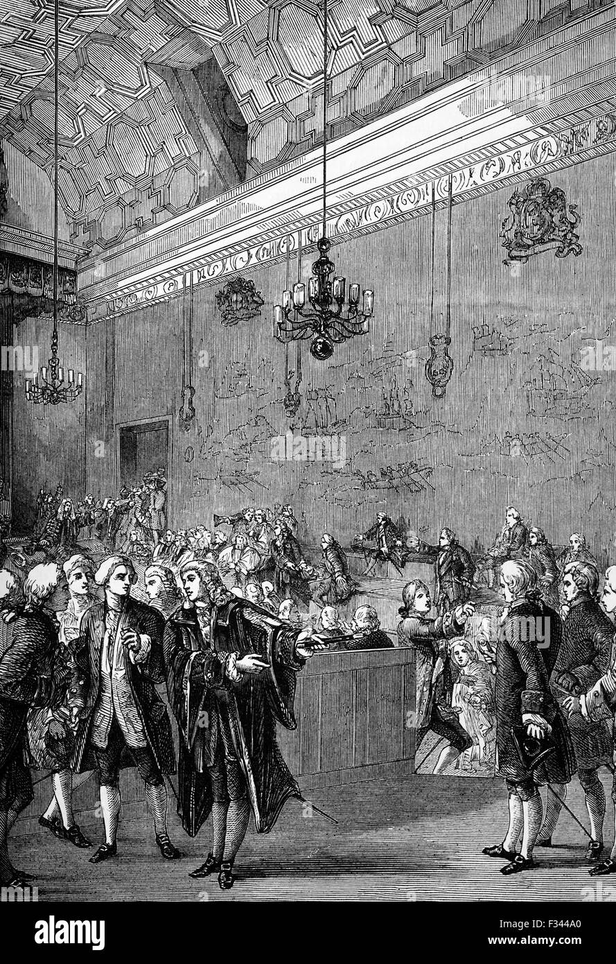 Argument und Groll in das House Of Lords während der Versuche der nordamerikanischen Kolonien, größeren Freiheit, 1770 zu gewinnen. Stockfoto