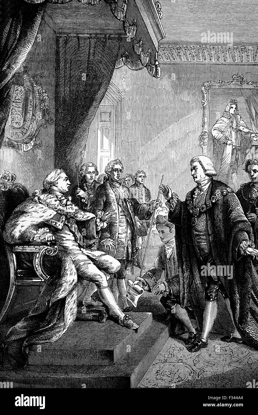 Im März 1770 nach der Veröffentlichung von John Wilkes, William Beckford, der Oberbürgermeister, öffentlich mahnte George III durch fragte der König, das Parlament aufzulösen und seine bürgerlichen Ratsherren zu entfernen. Stockfoto Im März 1770 nach der Veröffentlichung von John Wilkes, William Beckford, der Oberbürgermeister, öffentlich mahnte George III durch fragte der König, das Parlament aufzulösen und seine bürgerlichen Ratsherren zu entfernen. Stockfoto