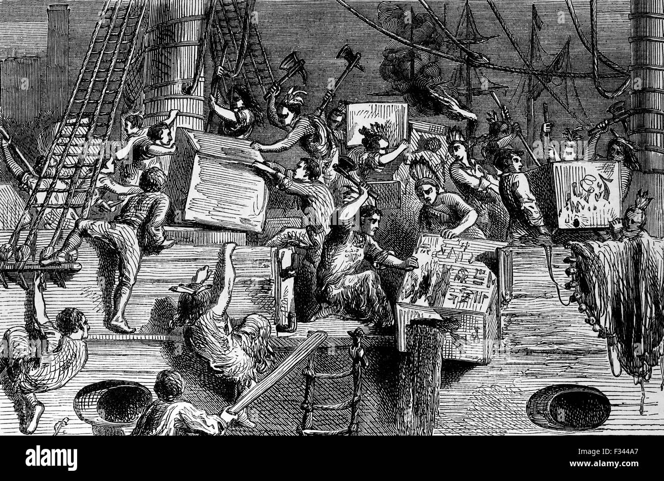 Kontrolle der EAST INDIA Unternehmendie Boston Tea Party war ein politischer Protest durch die Sons of Liberty in Boston, in der britischen Kolonie von Massachusetts, gegen die britische Regierung und die East India Company, die den Tee, die in den Kolonien importiert gesteuert. Am 16. Dezember 1773 nachdem Beamte in Boston weigerte sich, drei Schiffsladungen besteuerten Tee zurück nach Großbritannien, eine Gruppe von Kolonisten an Bord der Schiffe und den Tee durch werfen es in Boston Harbor zerstört. Stockfoto