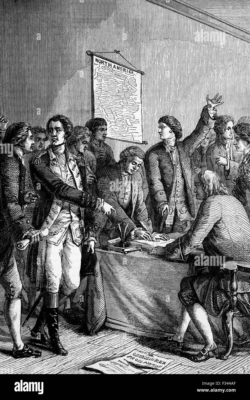 Die Unterzeichnung der amerikanischen Unabhängigkeitserklärung, in Pennsylvania State House. Ein Statement vom Kontinentalkongress am 4. Juli 1776, die angekündigt, dass dreizehn amerikanische Kolonien im Krieg mit Großbritannien, betrachtet sich selbst als unabhängige Staaten nicht mehr einen Teil des britischen Empires. Stockfoto