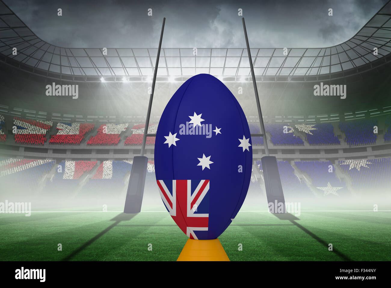 Zusammengesetztes Bild der australische Flagge Rugby-Ball auf Ständer Stockfoto