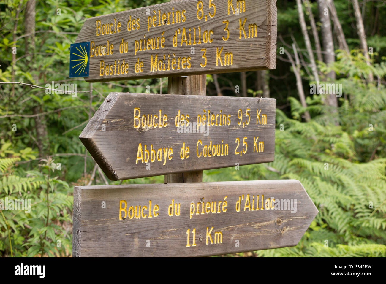Wanderweg-Zeichen, Pays de Bergerac, Périgord, Dordogne, Aquitaine, Frankreich Stockfoto