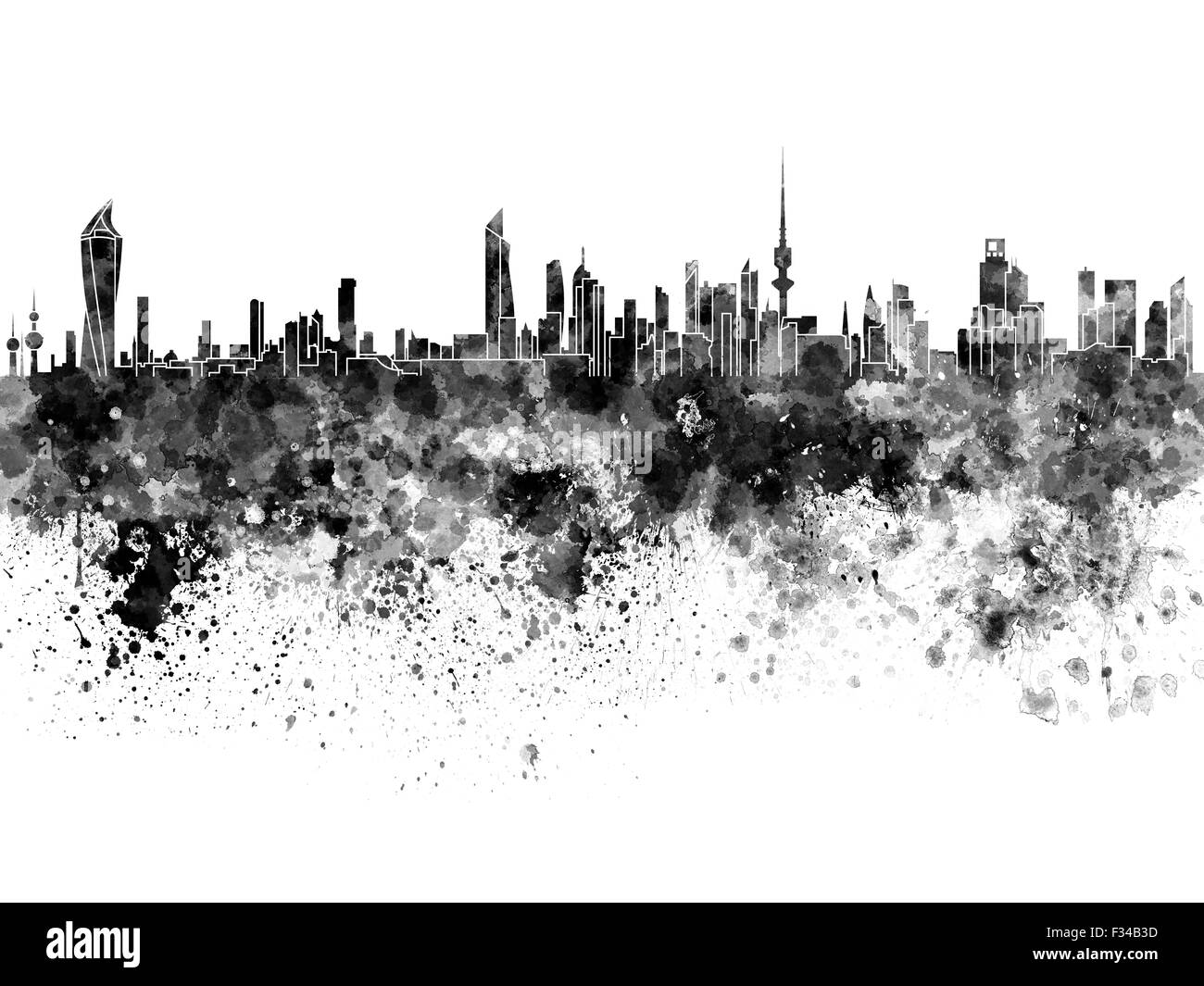 Kuwait-Stadt Skyline im schwarzen Aquarell Stockfoto