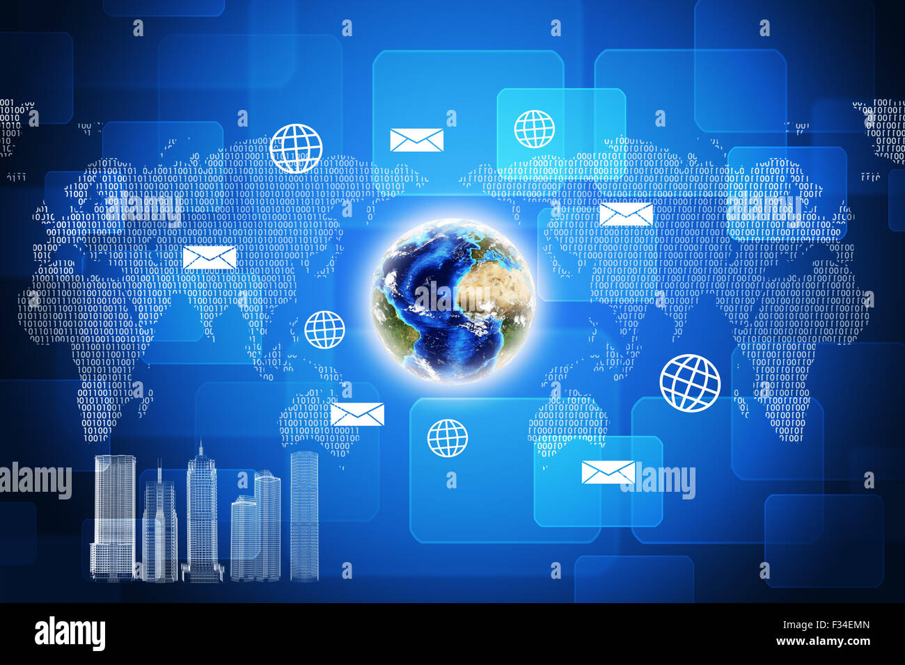 Erde mit Symbolen und Stadtmodell Stockfoto