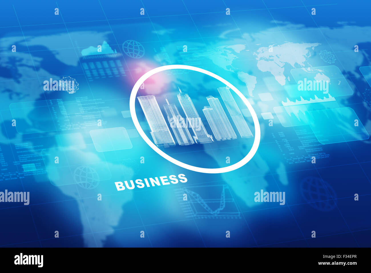 Modell der Stadt im Kreis mit Weltkarte Stockfoto