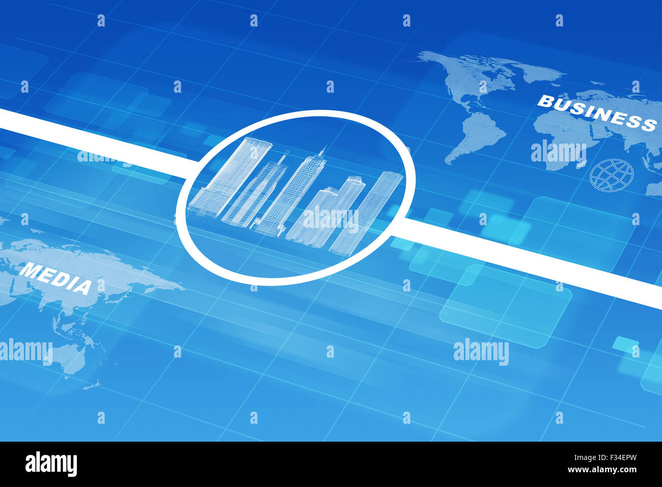 Stadtmodell mit Weltkarte und Worte Stockfoto