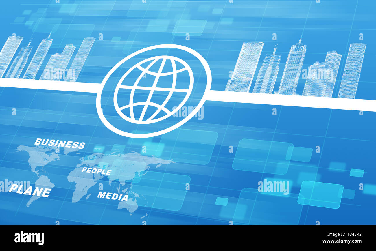 Stadtmodell mit Weltkarte und Symbol Stockfoto