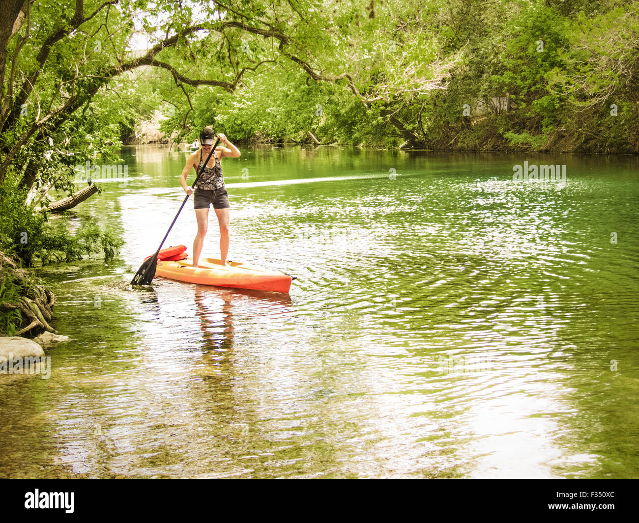 Frau Stand-up Paddle boarding auf Barton Creek, Austin, Texas Stockfoto