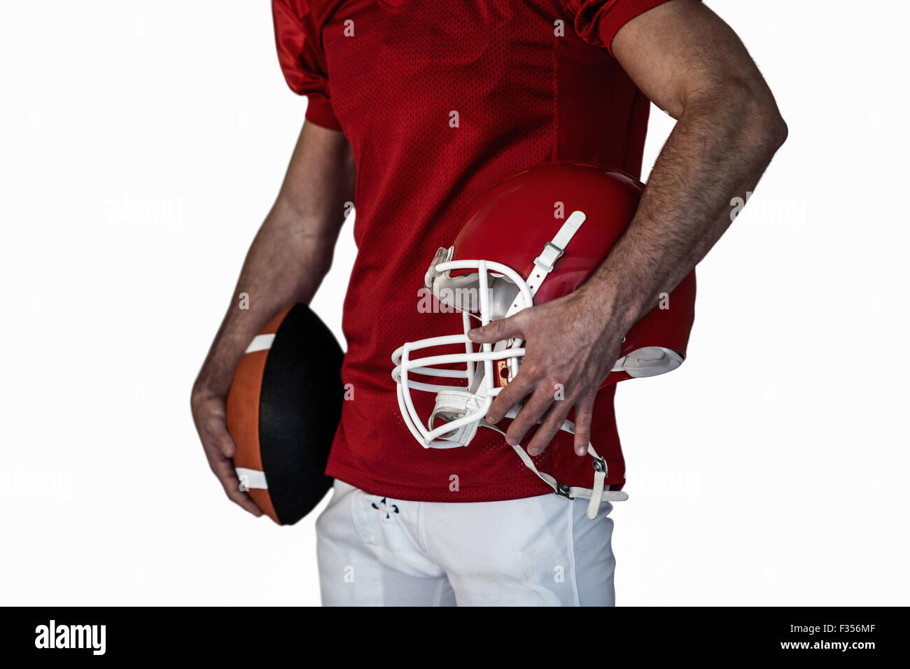 Mittelteil der Spieler, der Rugby-Ball und Helm Stockfoto