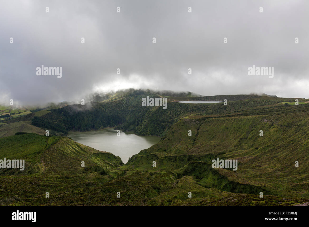 Lagoa Funda Das Lajes und Lagoa Rasa hinter mit Hydrangea Macrophylla, Insel Flores, Azoren Stockfoto