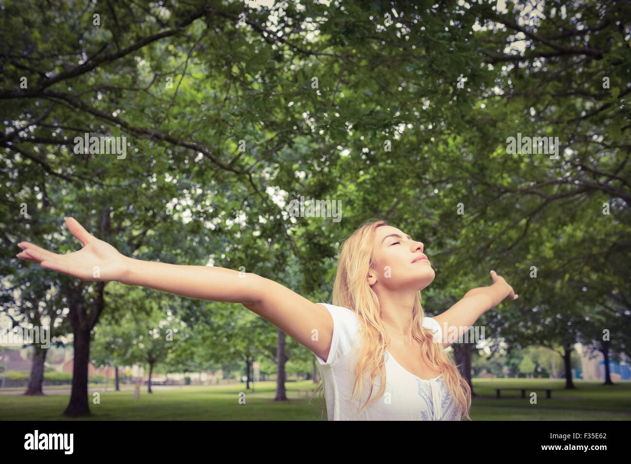 Frau mit Park erhobenen Armen Stockfoto