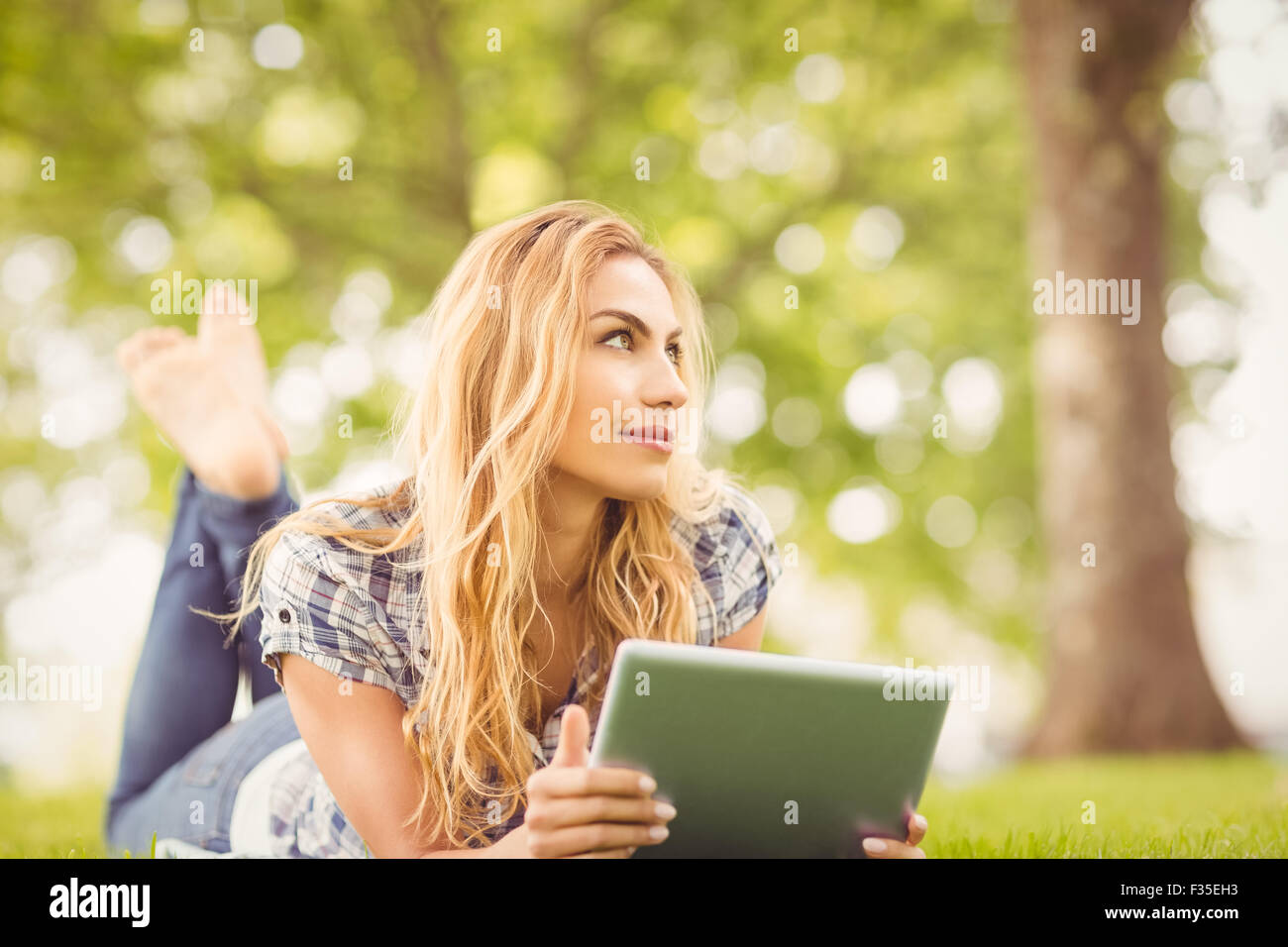 Lächelnde Frau hält digitale Tablet im park Stockfoto