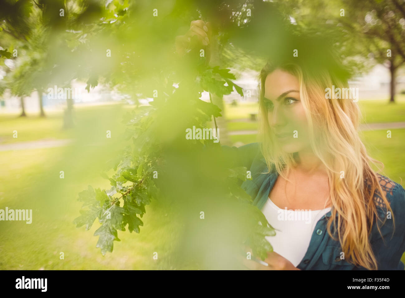 Frau stehend mit Baum im park Stockfoto