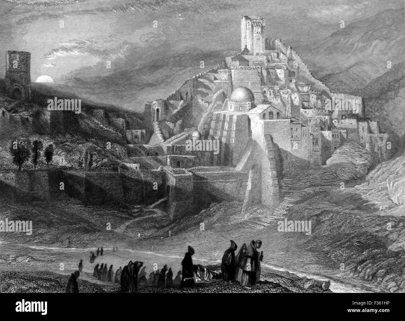 Die Wildnis der Encedi und das Kloster von Santa Saba; Schwarz und weiß-Abbildung von Landschaften der Bibel Stockfoto