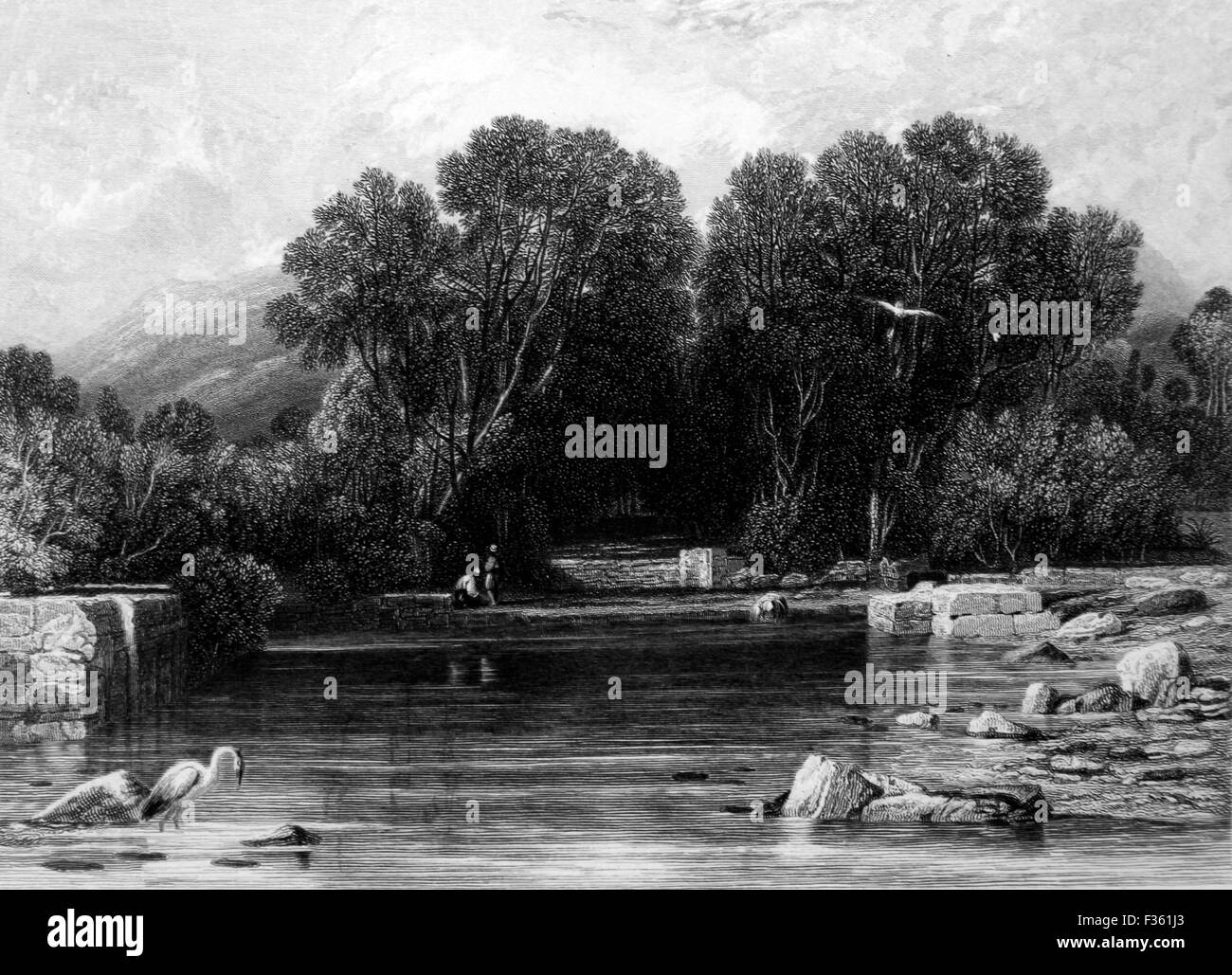 Brunnen in Jericho (Ribnah). Elisa-Brunnen; Schwarz und weiß-Abbildung von Landschaften der Bibel Stockfoto