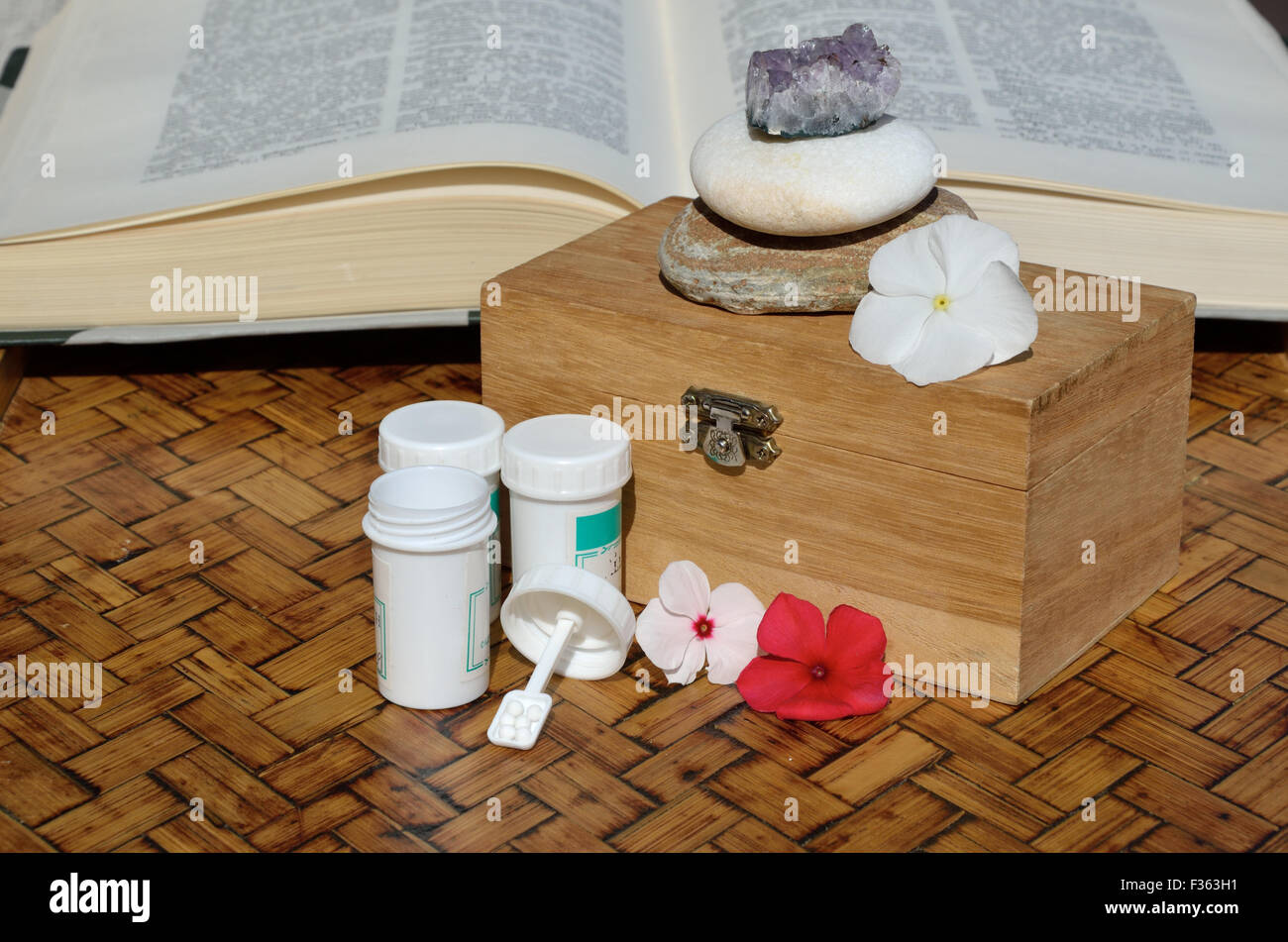 Container von homöopathischen Mitteln mit einem Heilmittel Reiseführer, Blumen und Steinen Stockfoto