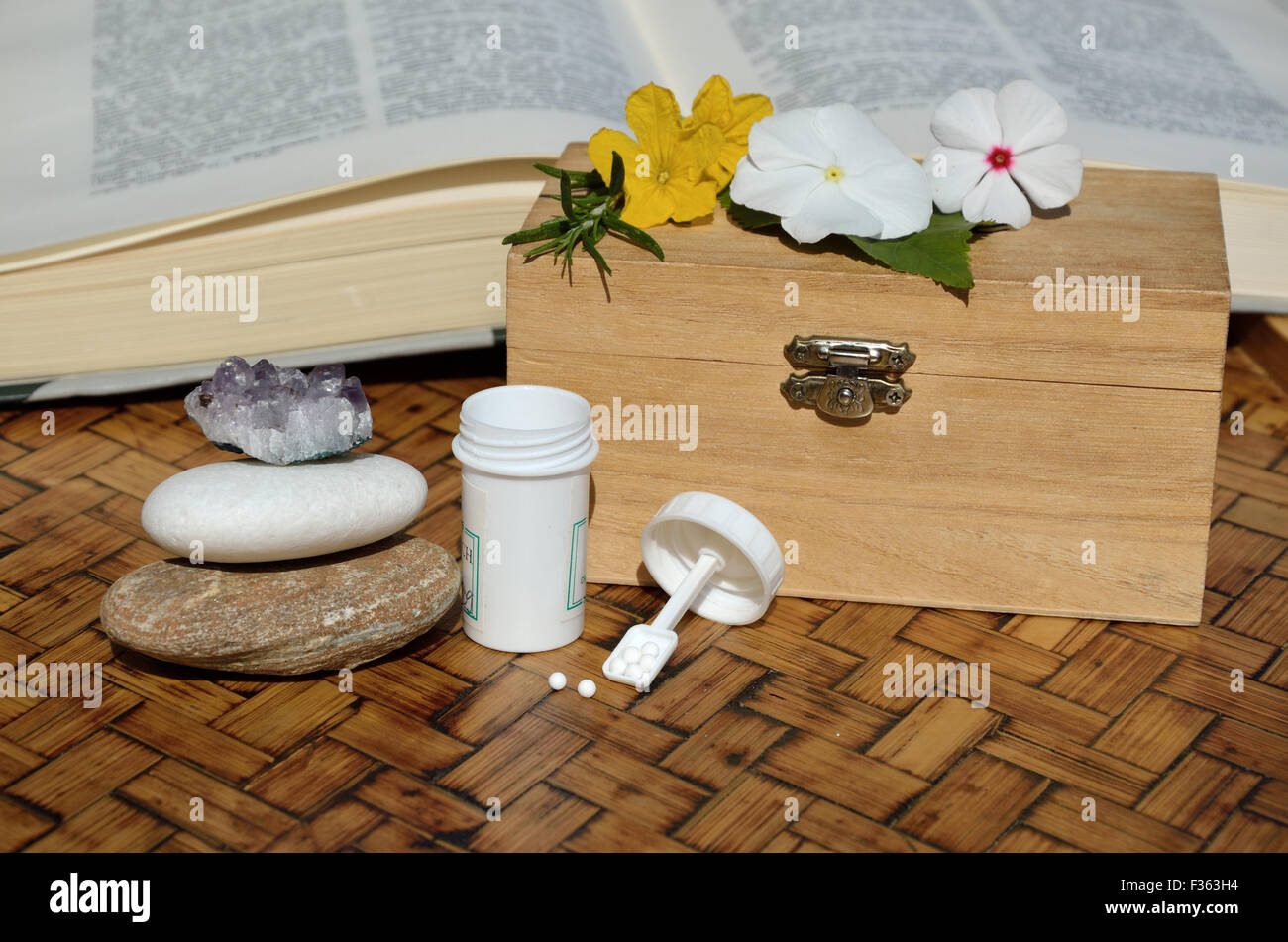 Container von homöopathischen Mitteln mit Globuli, kleinen Blüten und Heilmittel Reiseführer Stockfoto