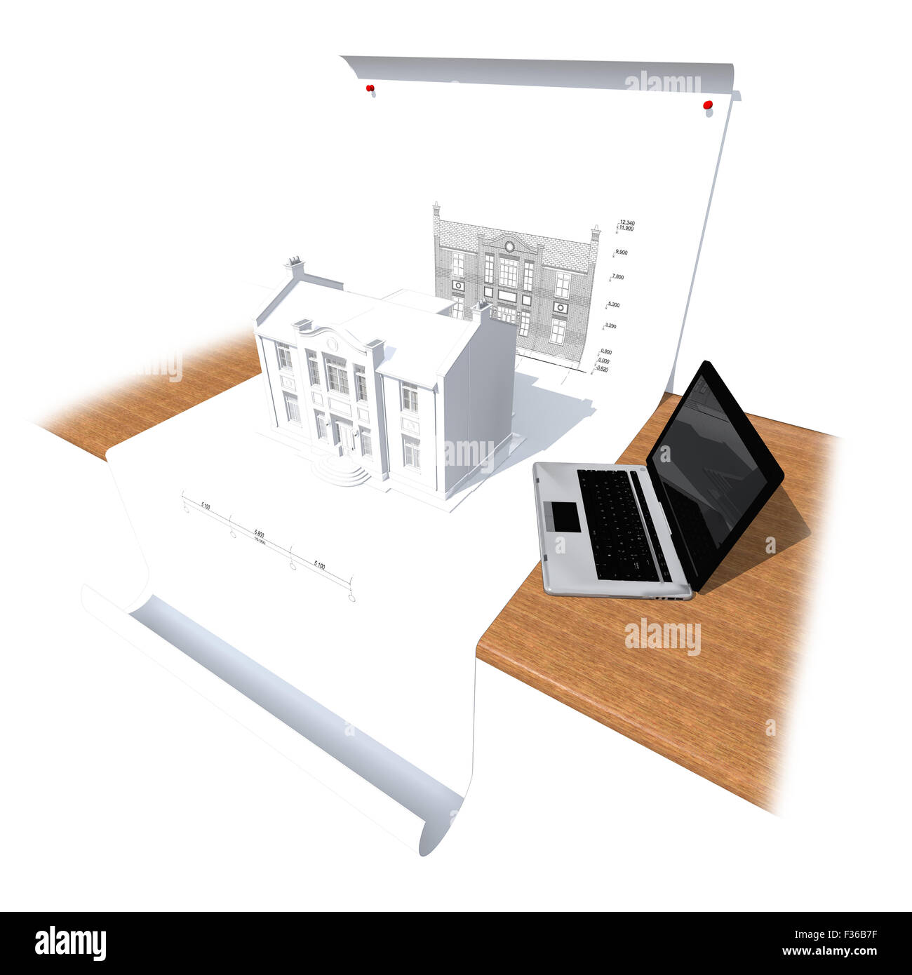 Modell des Hauses und der Laptop auf dem Tisch, isoliert auf weiss Stockfoto